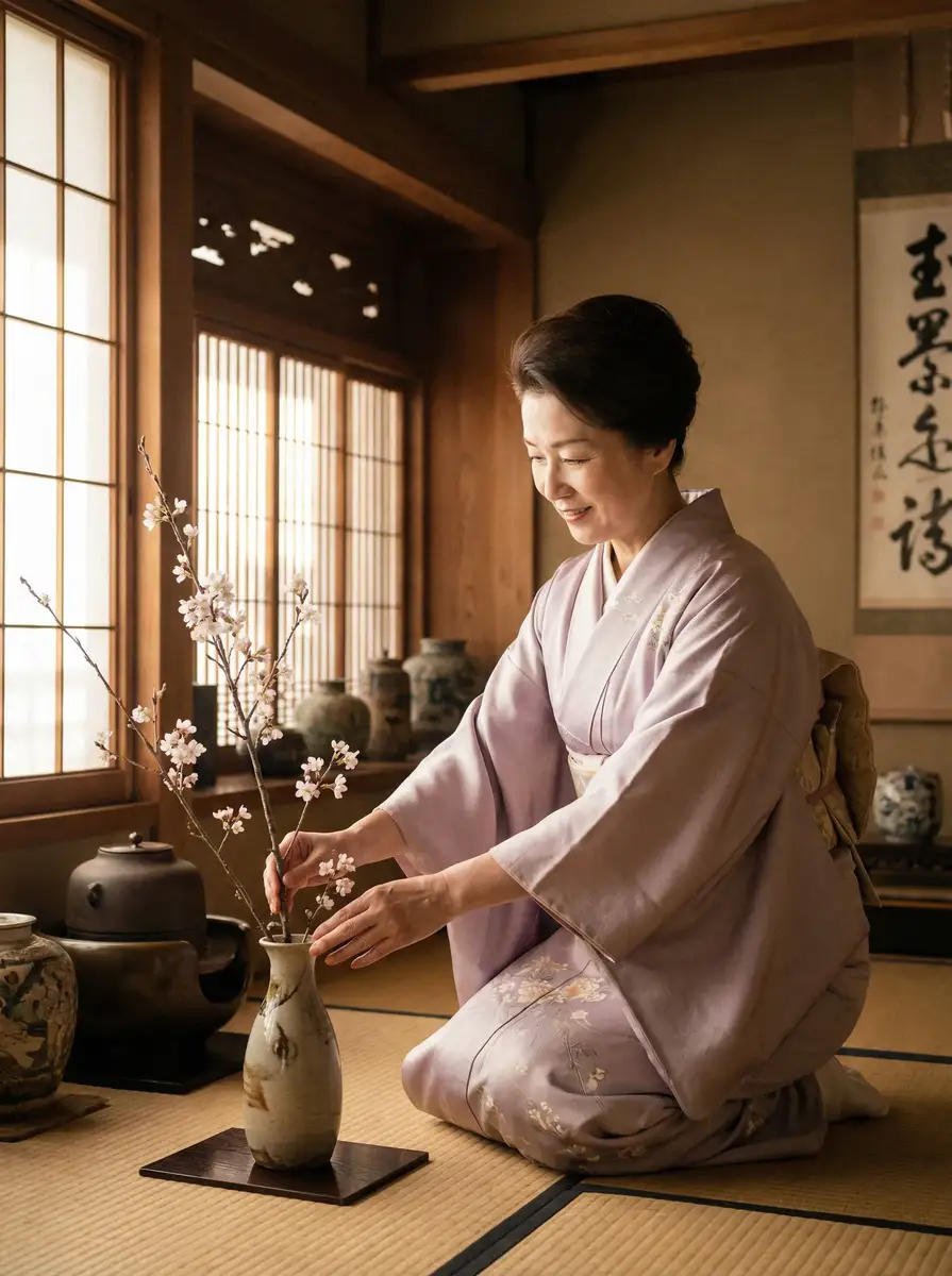 一位优雅的 51黑料 在和室中插花